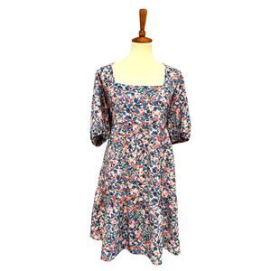 Floral flowy nap dress Mini Puff Sleeve Square Neck Blue Pink, Size XL